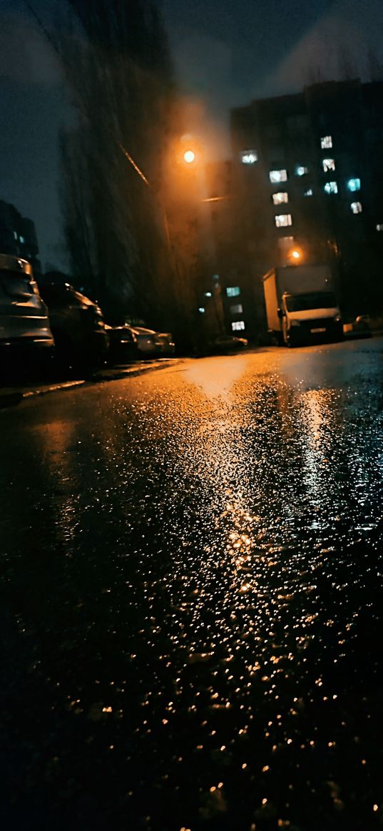 asphalt, road, street, lantern, glare, lamp, rain