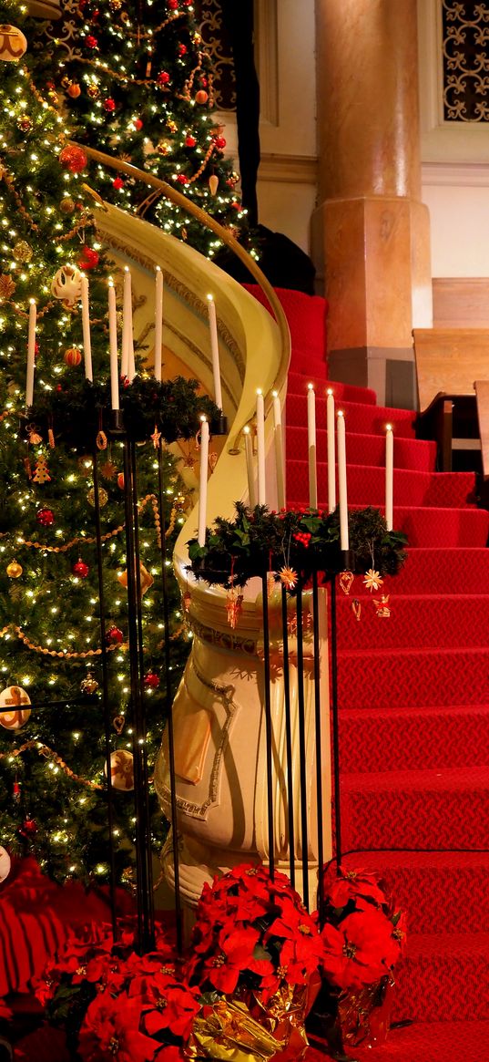 tree, stairs, candles, flowers, red