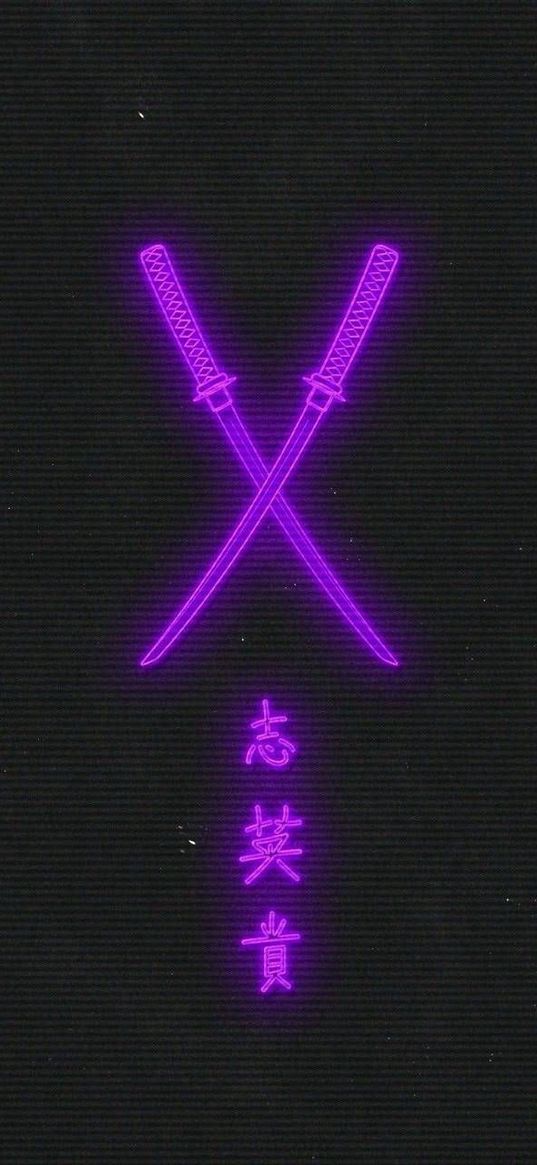 katana, hieroglyphs, weapon, blade, neon, black background