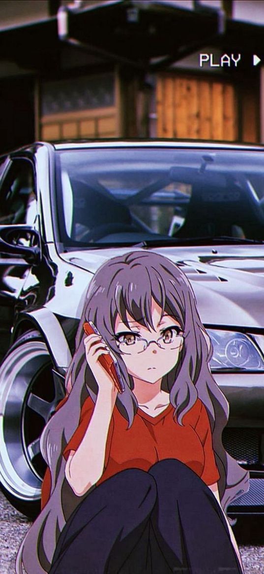 mitsubishi lancer, mitsubishi, atuo, gray auto, girl, anime