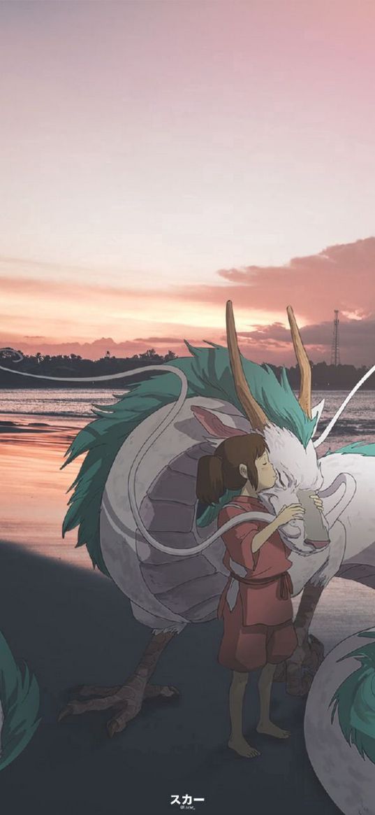 spirited away, hayao miyazaki, chihiro, haku, girl, dragon, anime, art