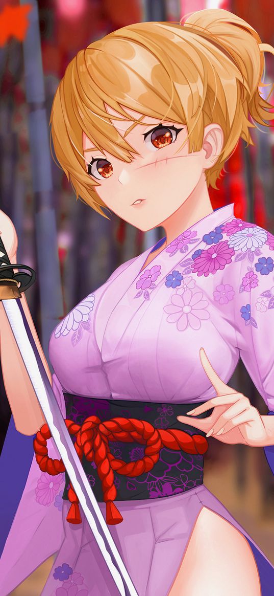 girl, kimono, katana, anime, art, purple