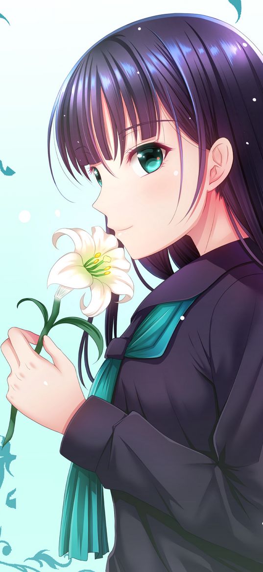 girl, lily, flower, anime, art