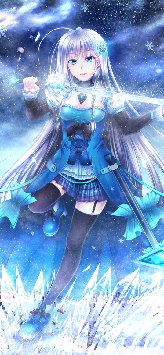 girl, sword, ice, anime, art, blue