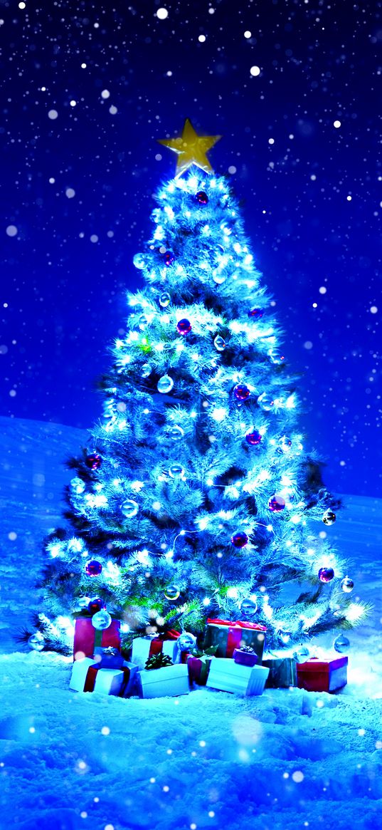 tree, blue color, snow, gifts