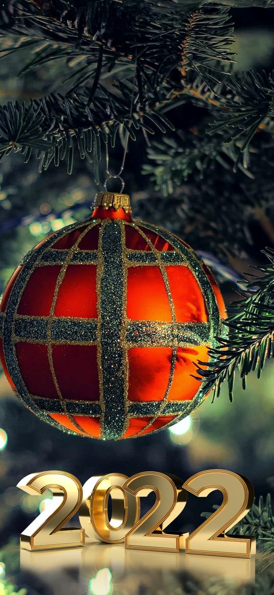 2022, christmas ball, tree, new year