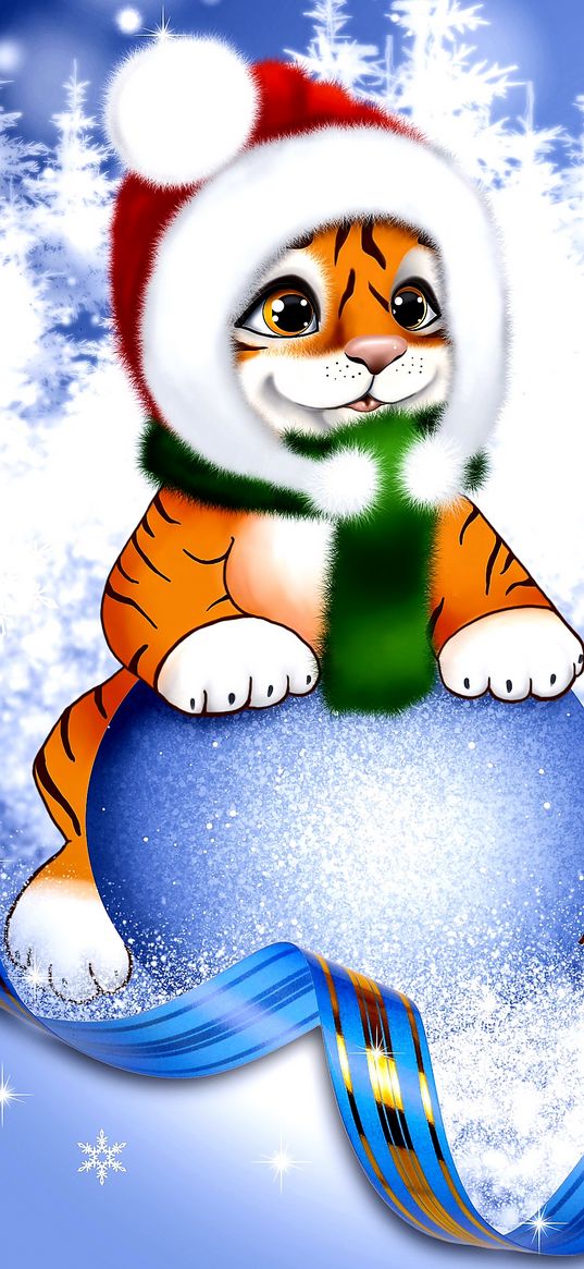 tiger, snowball, hat, scarf, winter