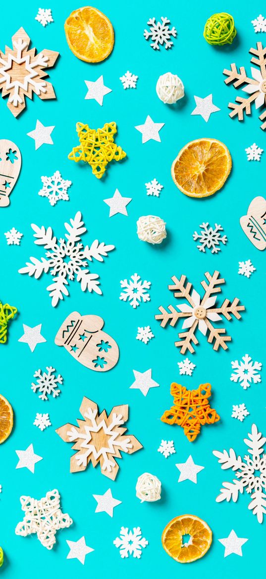 snowflakes, orange, mitten, star, blue, white