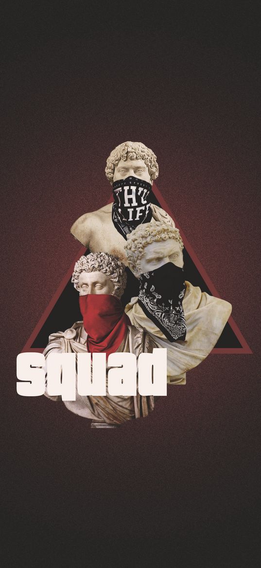 squad, greek, gang, masks, sculptures