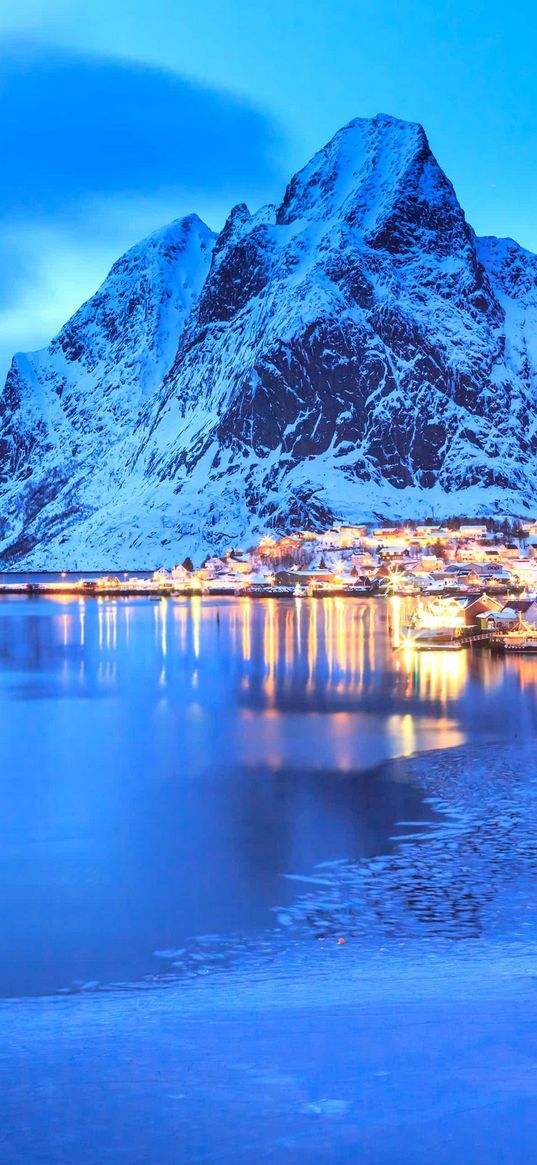 blue sky, snow, mountains, lights, lake