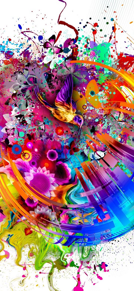 abstraction, bright colors, bird, flowers, colorful