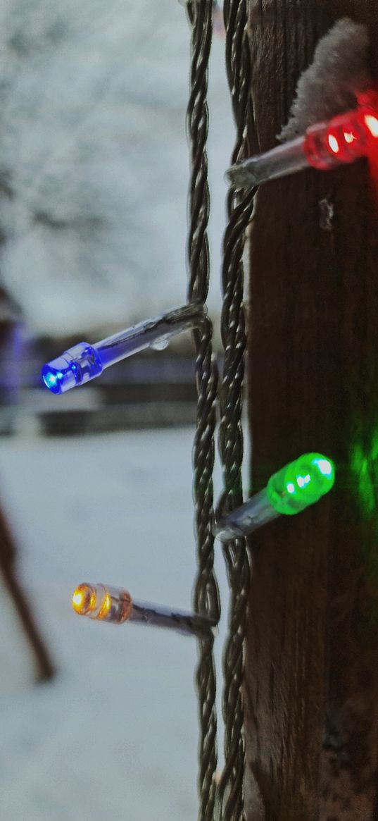 christmas lights, garland, tree, winter, snow