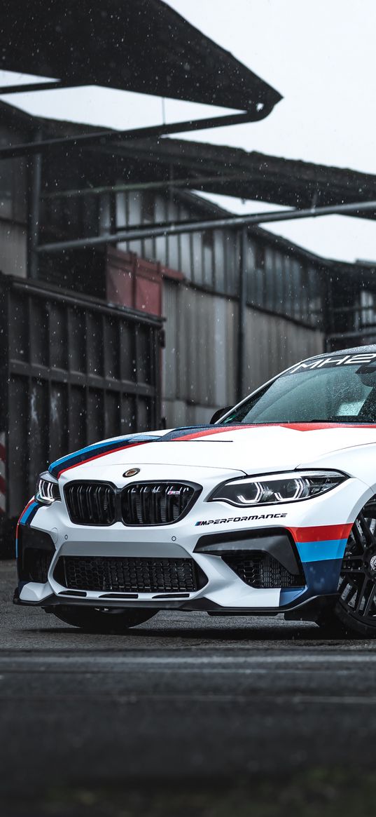 bmw, bmw m2, auto, white auto, rain