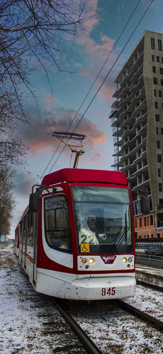 tram, headlights, road, rails, sunset, city, evening, building