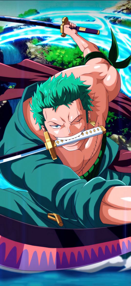 roronoa zorro, one piece, anime, art, samurai, blades