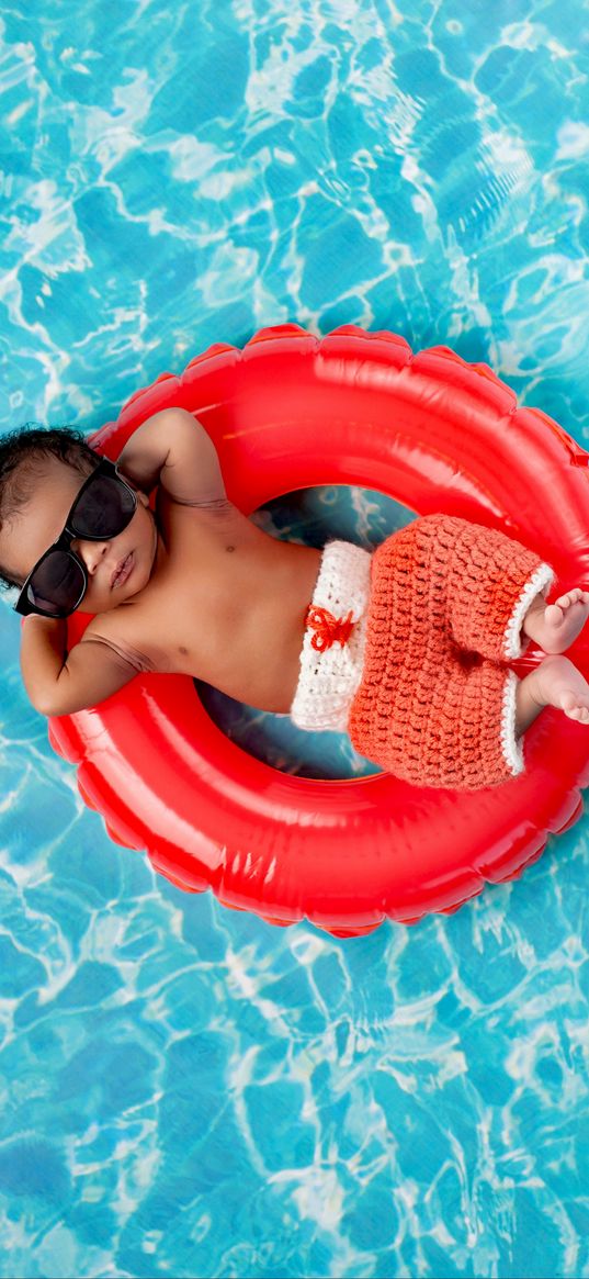 child, pool, lifebuoy, cute