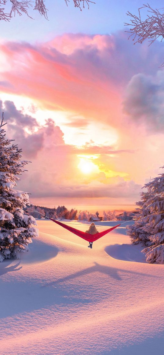 nature, hammock, winter, girl