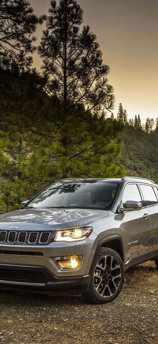 jeep grand cherokee, car, headlights, trees