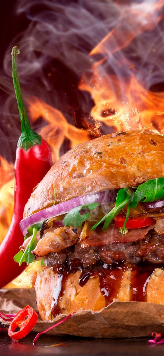 food, hamburger, pepper, fire