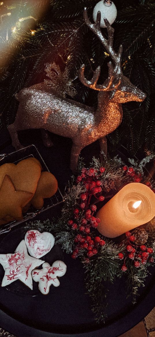 deer, candle, gingerbread, new year, tree