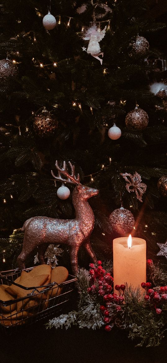 deer, candle, christmas, gingerbread, atmosphere, dark, tree, new year