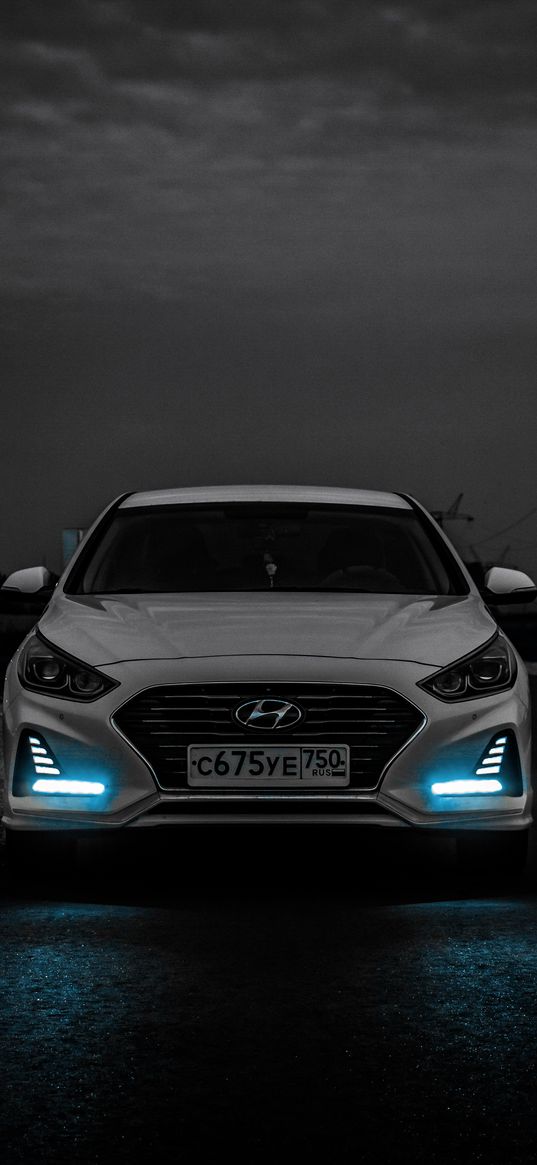 hyundai, sonata, car, white, night