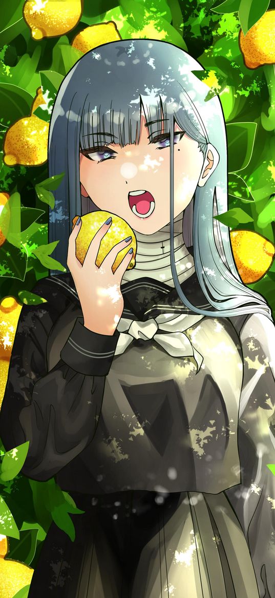 girl, lemons, citrus, garden, anime