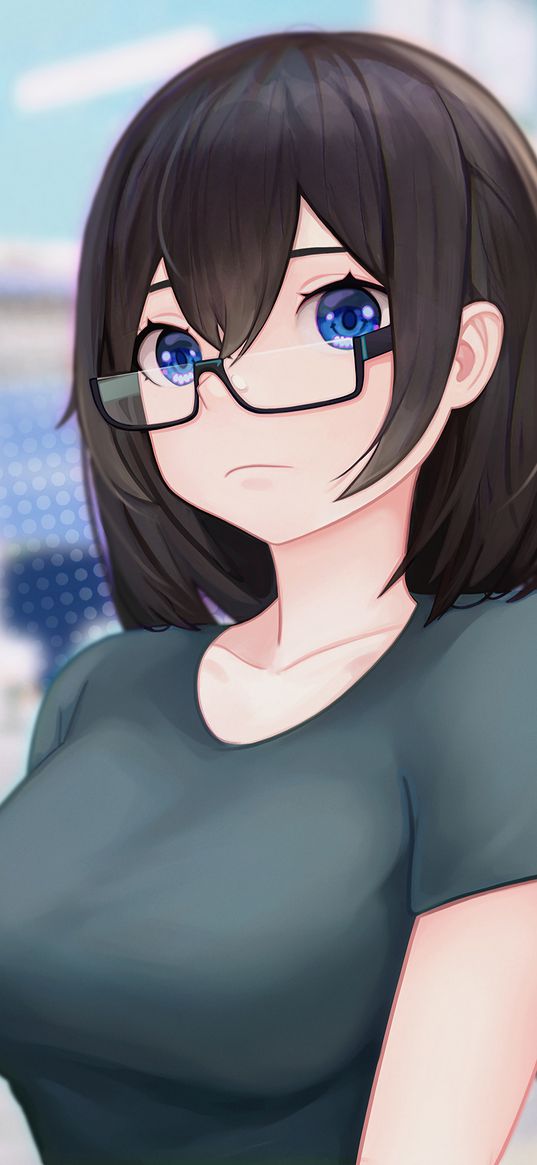 girl, glasses, t-shirt, anime