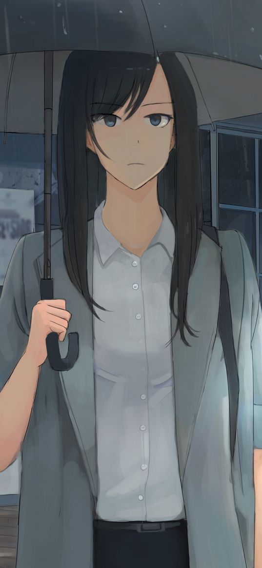 girl, umbrella, rain, shirt, anime