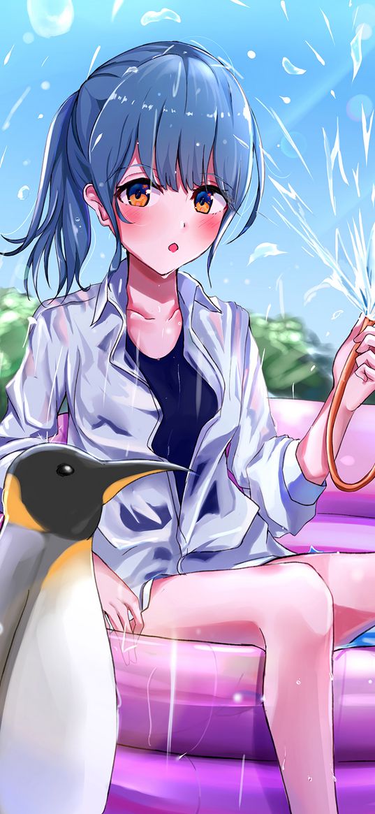 girl, water, penguin, anime