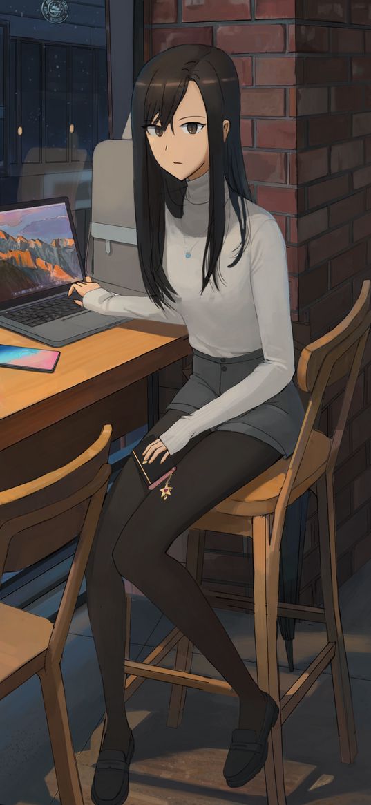 girl, sweater, laptop, work, anime