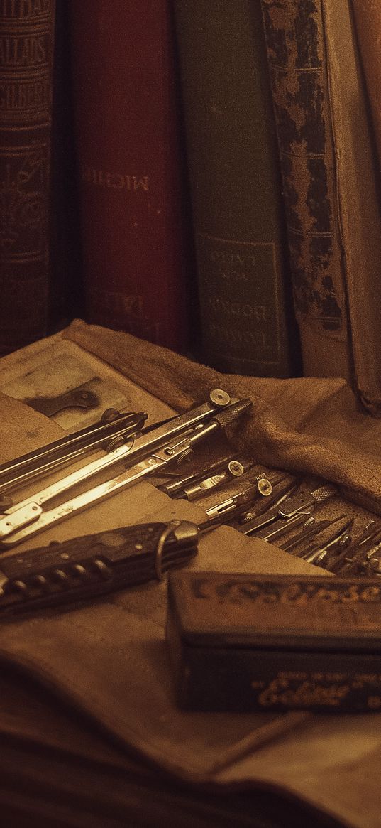 books, table, caliper, compasses, old books, library, draftsmanship