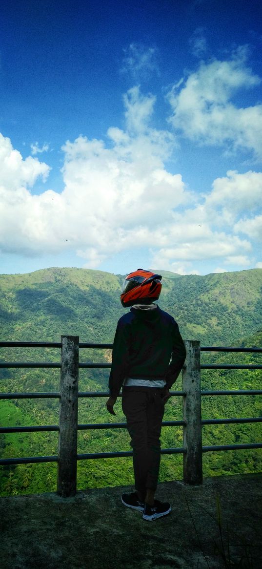 nature, field, hills, green, motorcyclist, blue sky