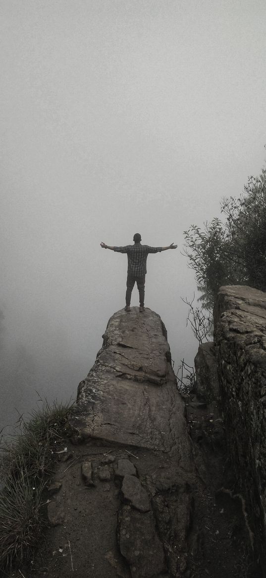 cliff, stones, rocks, man, fog, abyss