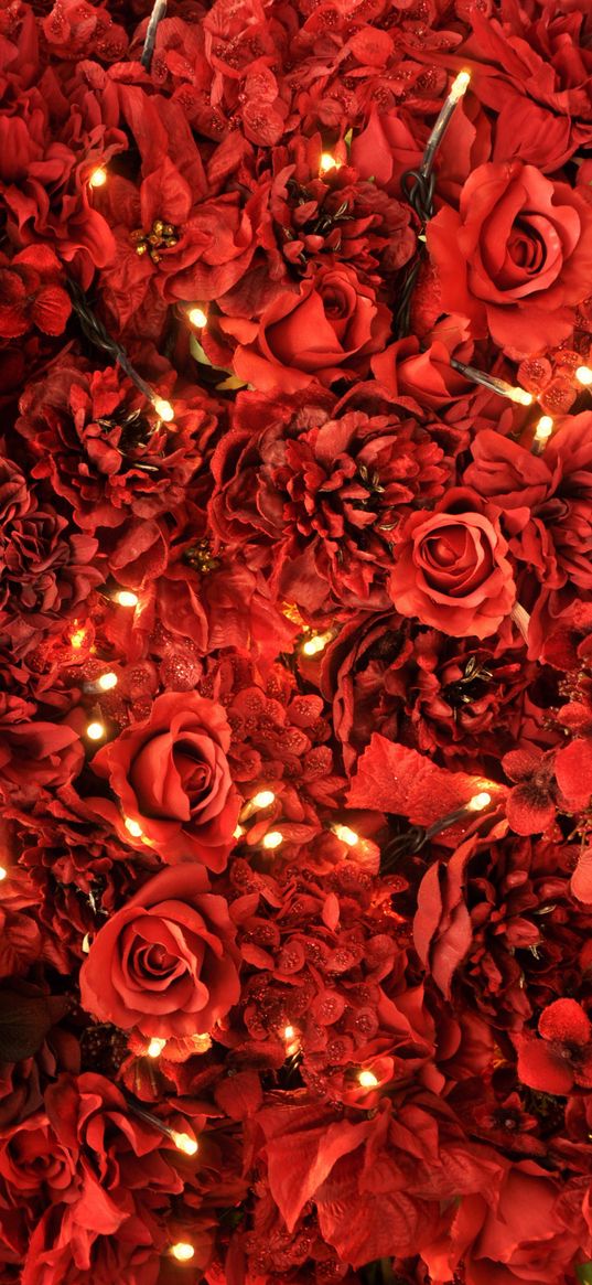 roses, garland, red roses, light, flowers