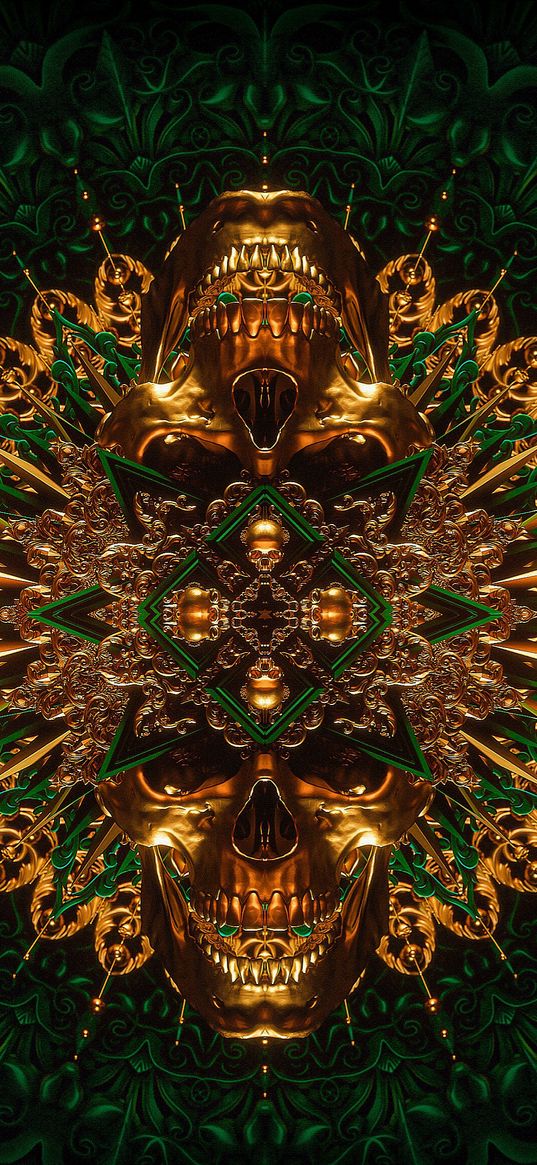 skull, gold, golden skull, pattern, green background