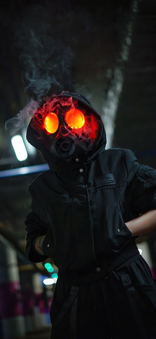 smoke, gas mask, steampunk, red light, light, industrial