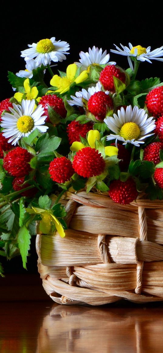 basket, berries, strawberries, flowers