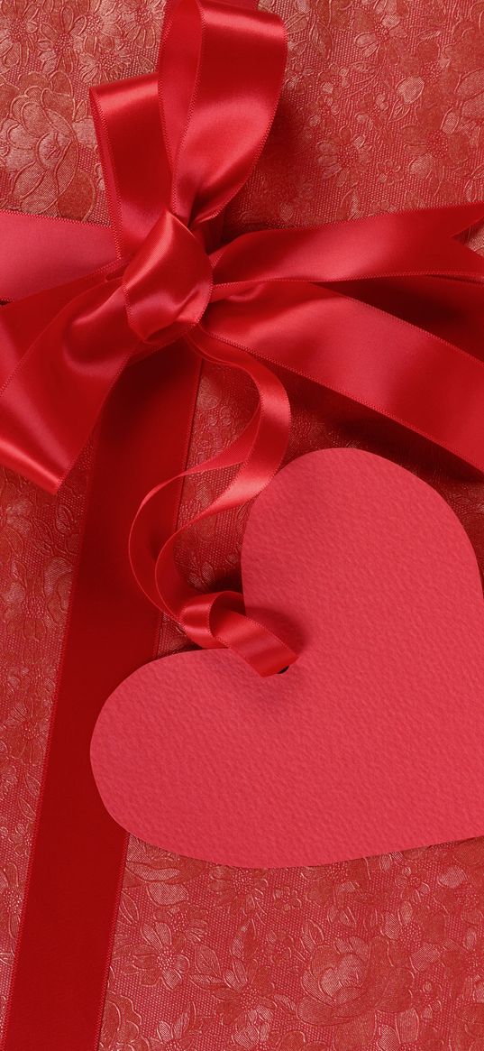 heart, bow, present, scarlet background