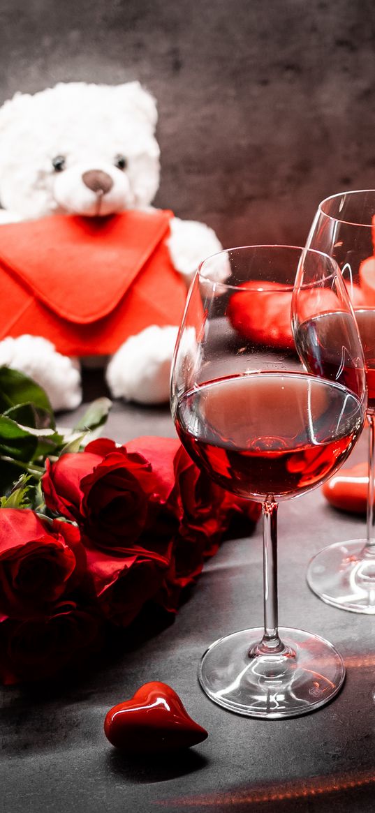 wine, glass, roses, bear, romance