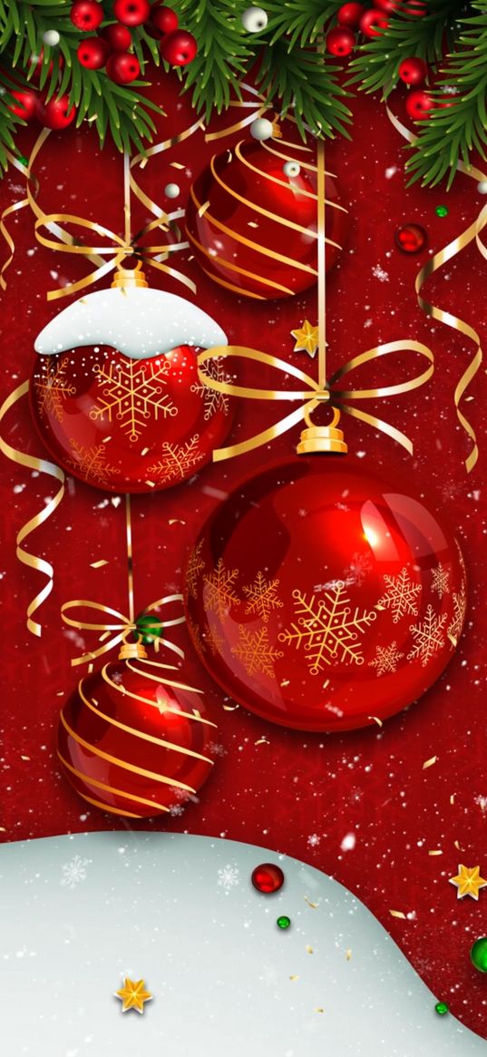 holiday, christmas, new year, balls, red background