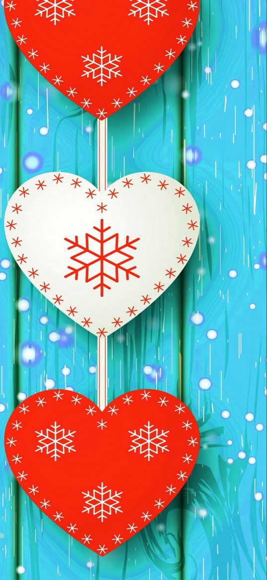 winter, hearts, love, snowflakes, blue background