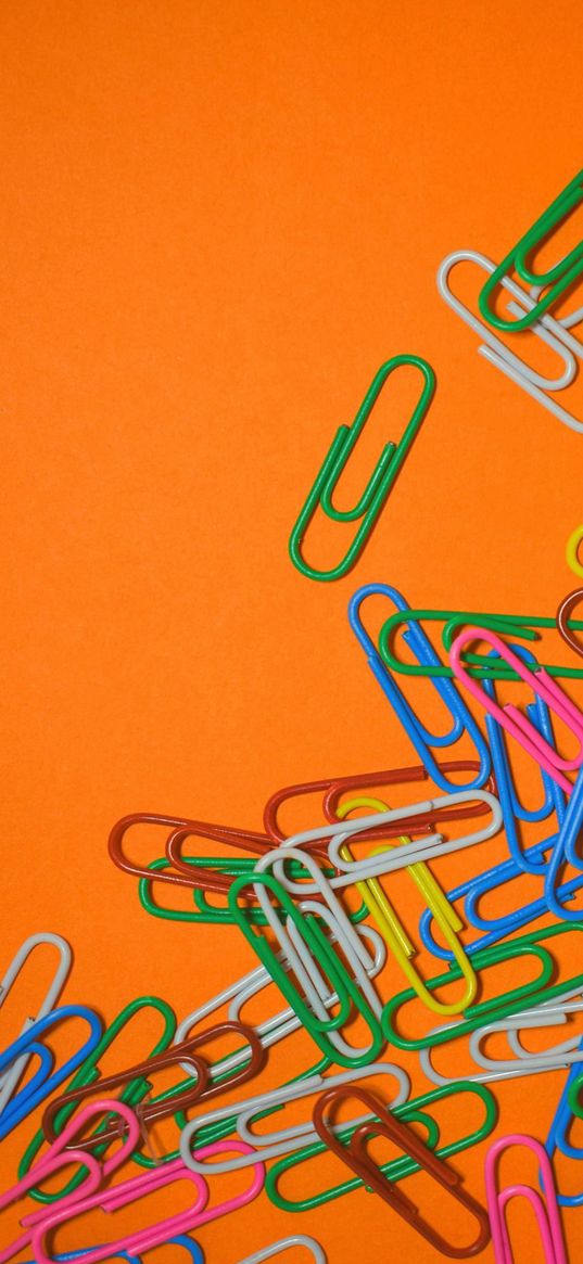 paper clips, orange background, colorful, minimalism