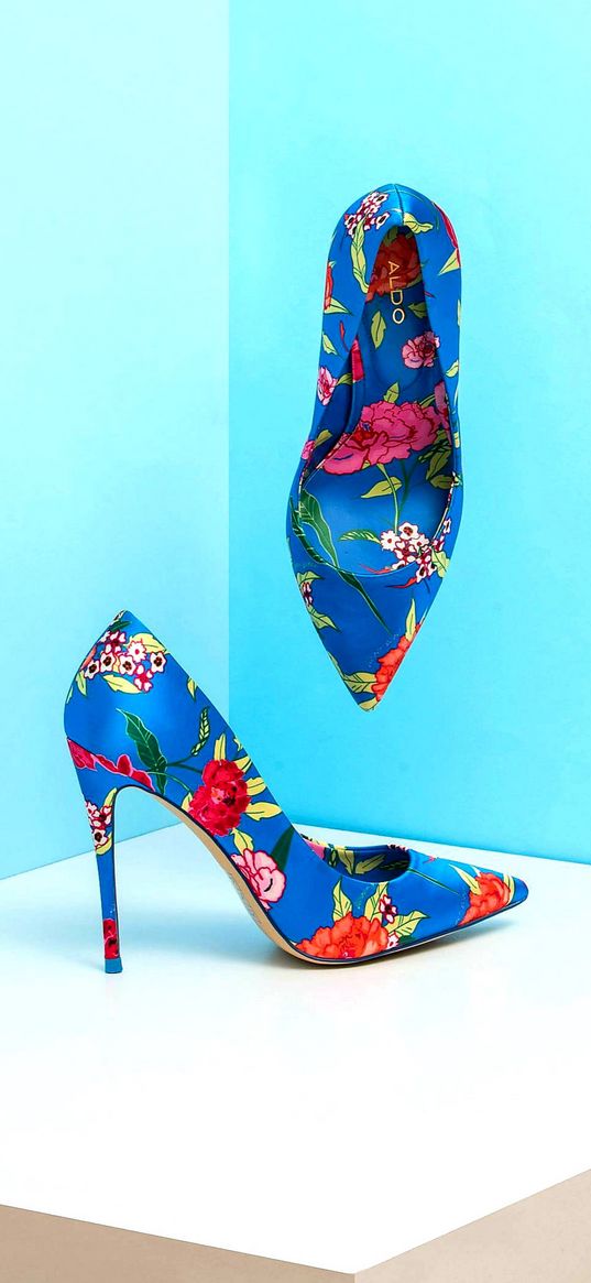 shoes, fashion, heels, blue background, flowers