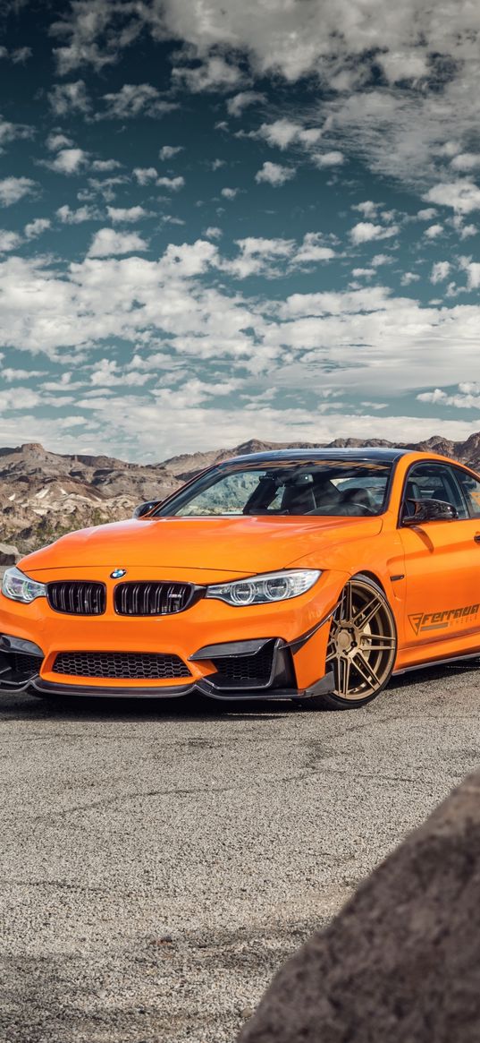 bmw m4, bmw, auto, orange auto, sky, rocks