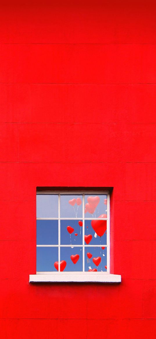 heart, balloons, red background, window, love