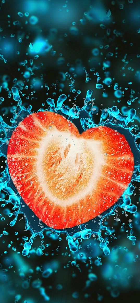 heart, strawberry, splash, blue background