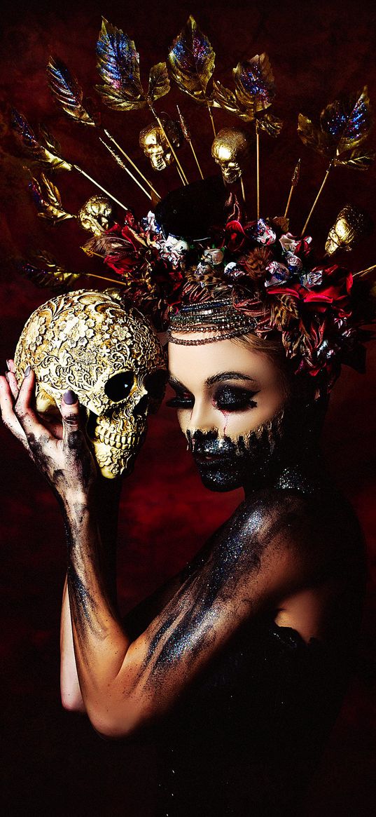 girl, skull, gold, fashion, mexico, costume