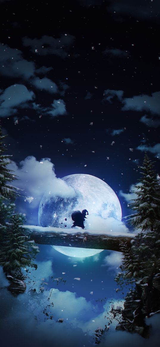 santa claus, silhouette, moon, night, snow, winter, dark