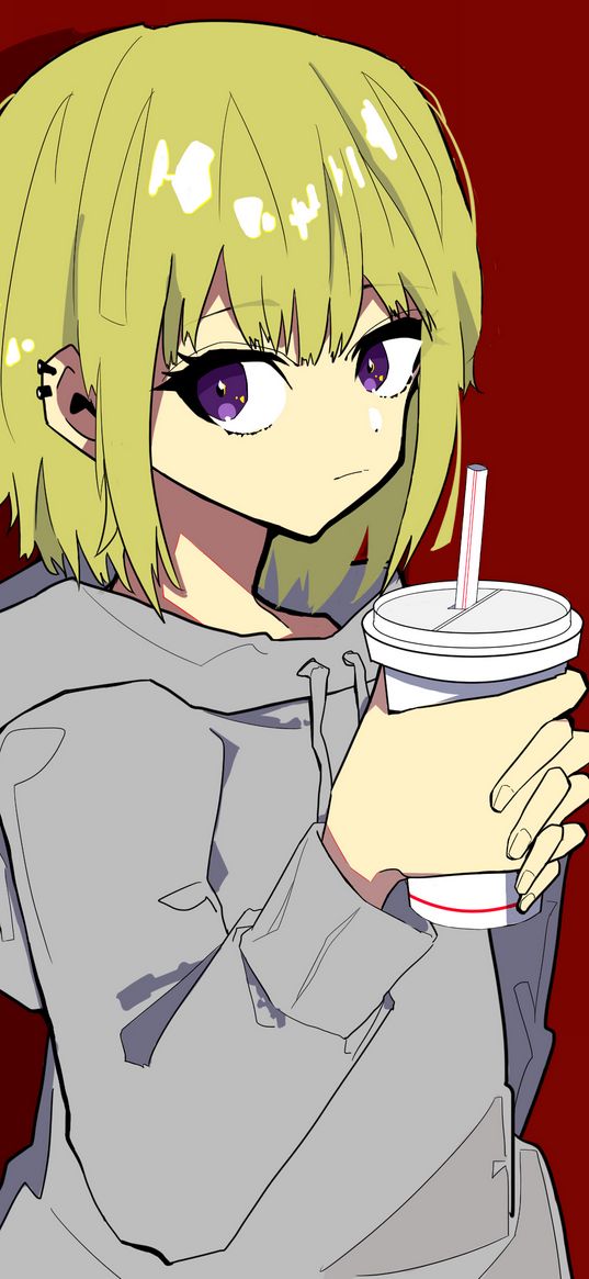 girl, glance, cup, sweatshirt, anime